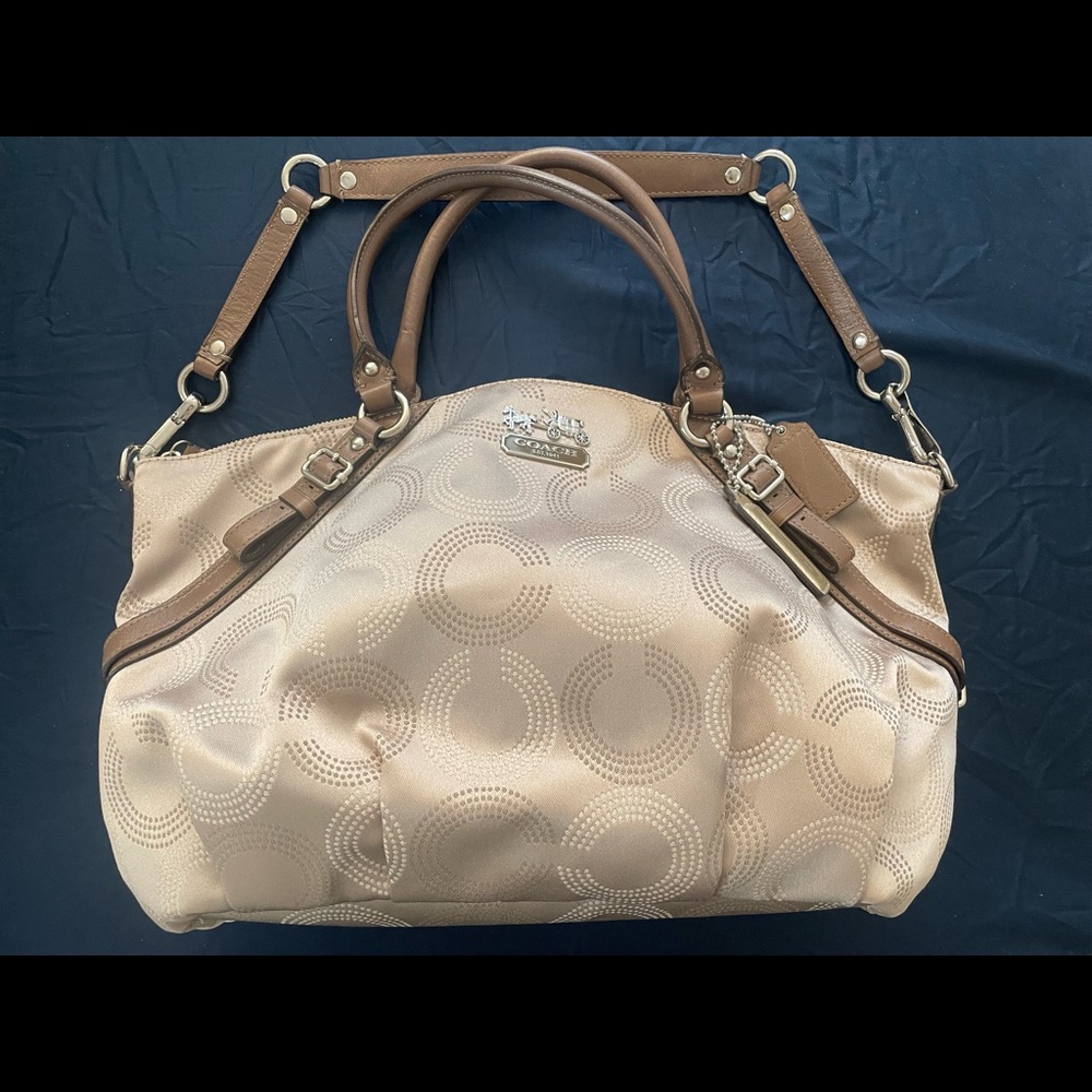 NWOT Coach Madison Dotted OP Art Sophia Satchel ~ Khaki/Mahogan 16”L x 10”H x 3”